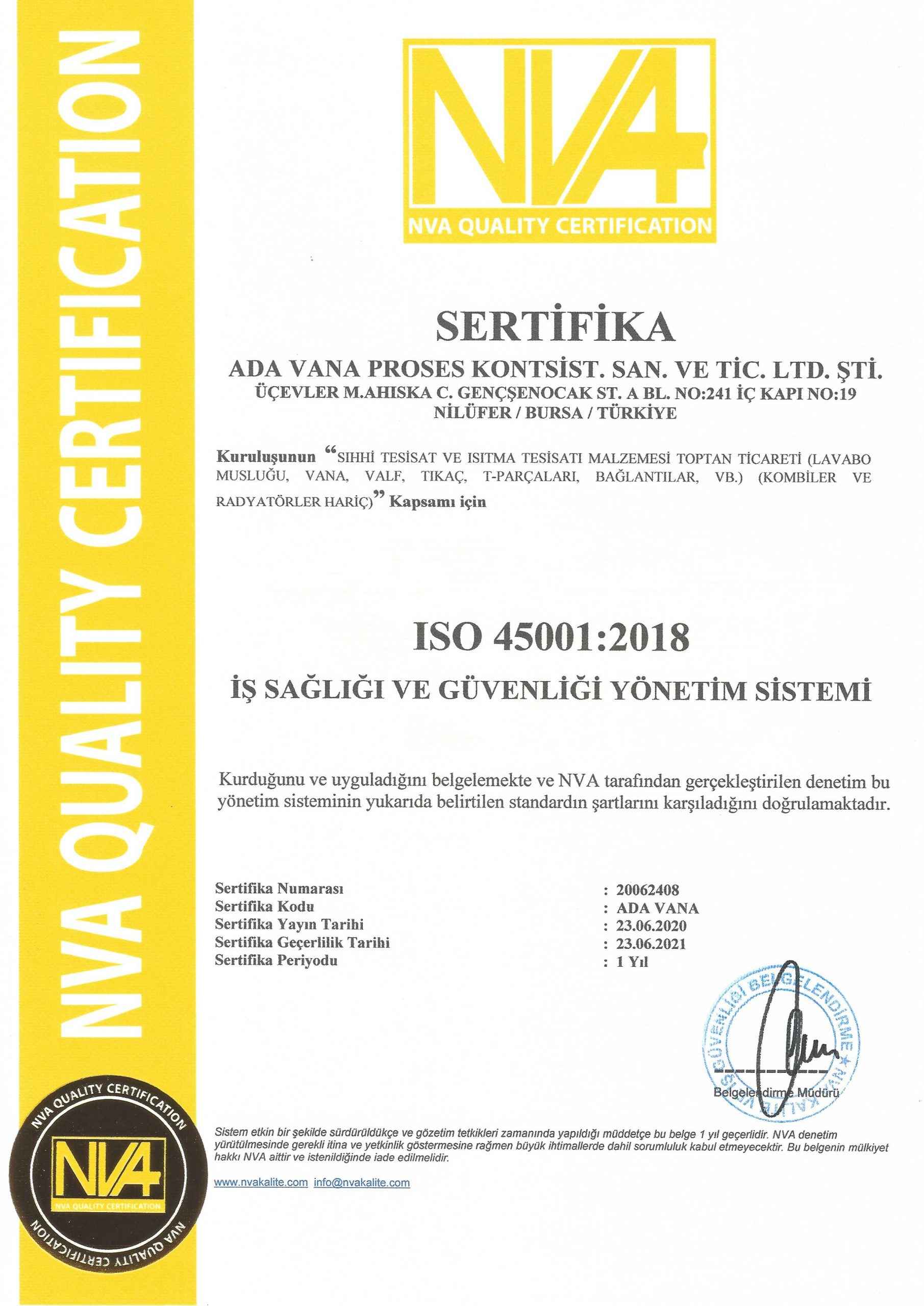 ada vana kalite sertifikası